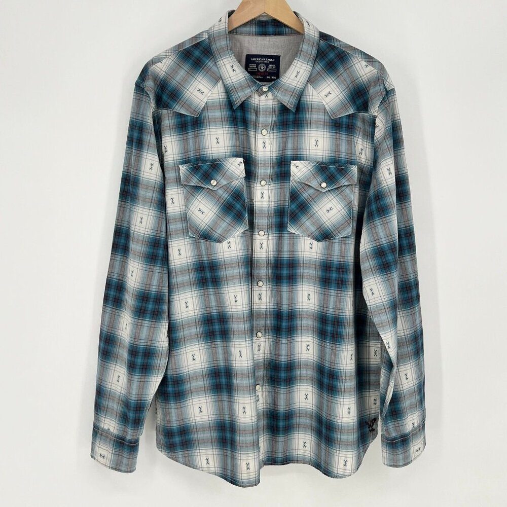 American Eagle Mens Plaid Vintage Fit Pearl Snap Shirt XXL Blue Gray Western